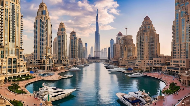 Promenade und Kanal in Dubai Marina mit luxuriösen Wolkenkratzern in den Vereinigten Arabischen Emiraten