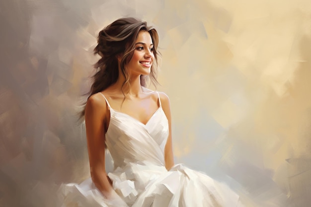 prometida feliz en vestido blanco aislado sobre fondo romántico