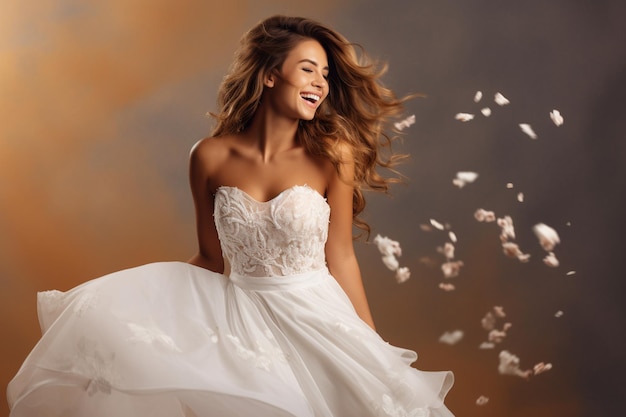 prometida feliz en vestido blanco aislado sobre fondo romántico