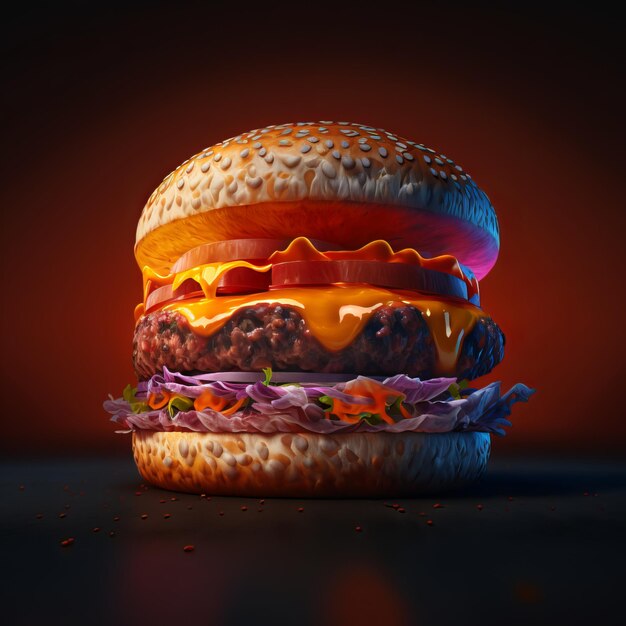 Promo de pub con deliciosa hamburguesa, fondo de neón rojo