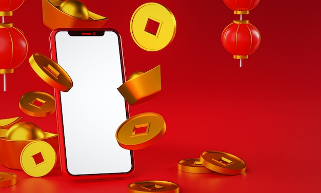 Promoção de ano novo chinês. queda do lingote da moeda de ouro. lanterna renderização 3d