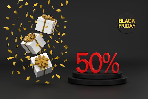 Promoção de venda 3d black friday e caixa de presente em um fundo preto