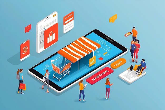 Foto promoción de productos de comercio electrónico a través de dispositivos móviles marketing de comercio móvil compras en línea concepto de banner web