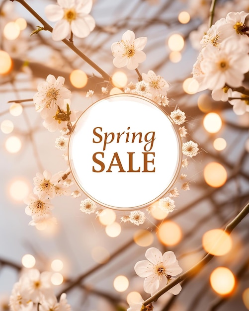Promoción de venta de primavera en el fondo de la flor de cerezo blanca con luces cálidas.