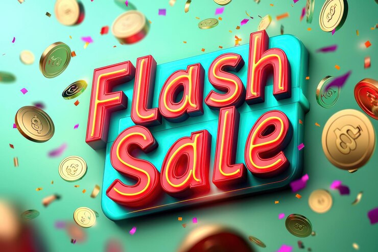 Foto promoción de ventas flash con texto y monedas que caen