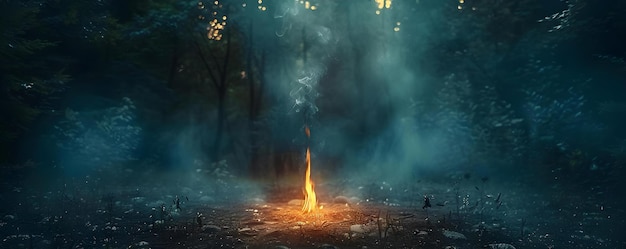 La promulgación de un ritual de brujería en un bosque débilmente iluminado Concepto Ritual de Brujería En la promulgación del bosque débilmente iluminado Atmosfera mística estética oscura