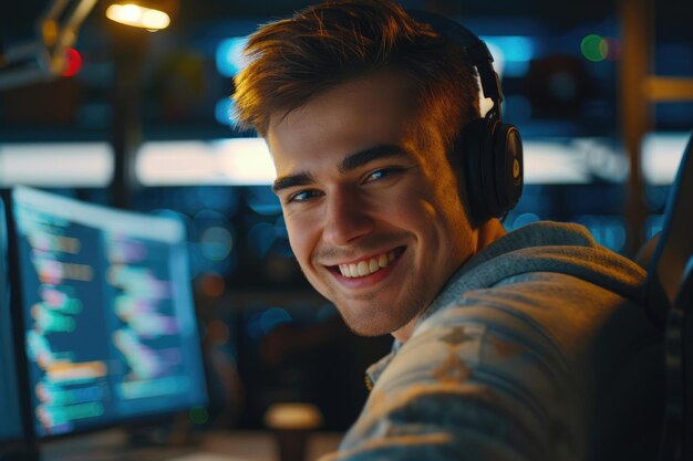 Foto pronto para detectar um homem de ti profissional alegre sorrindo e codificando enquanto está envolvido no trabalho
