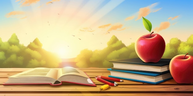 Pronto para o fundo do conceito escolar Livros escolares com maçã fresca e espaço para cópia