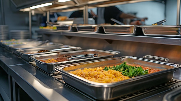 Prontos para servir bandejas aquecidas são colocados na linha de buffet buffet pequeno-almoço e almoço servido em banquetes de hotel