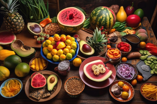 Propagação colorida de comida colombiana com frutas e vegetais tropicais