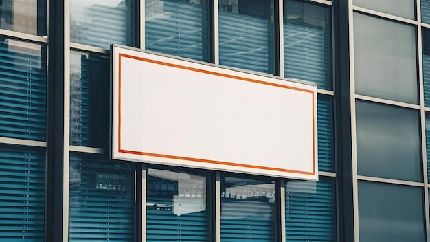 Propaganda em branco retangular em janela de vidro com persianas