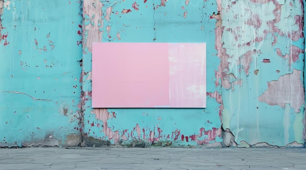 Propaganda rosa em uma parede azul com espaço vazio para texto Mockup para banners ou design publicitário