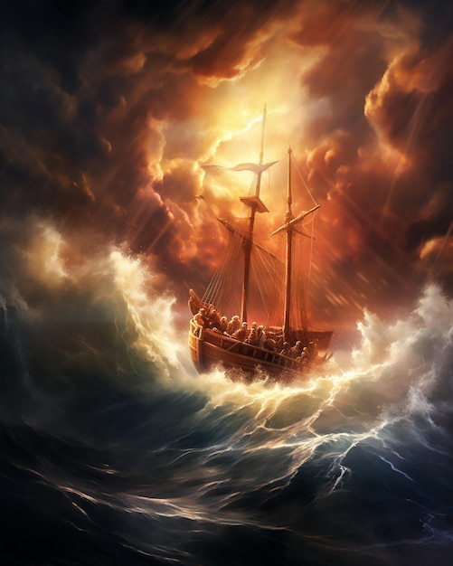 propheten noahs schiff auf riesiger dramatischer welle hyperrealistisch dramatisches licht und schatten sonne hinter
