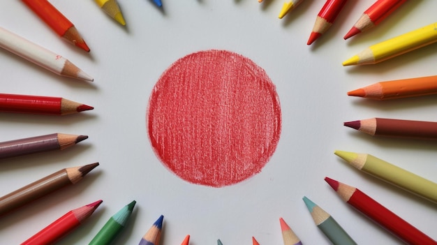 Foto propiedad local en círculo rojo con lápices de colores y resaltador en papel blanco para atraer la atención