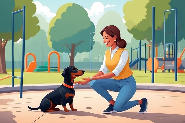 Foto la propietaria demuestra o entrena a su perro en el patio de recreo la cinóloga enseña a un dachshund de raza pura en el parque la mujer alegre con un cachorro posando al aire libre ilustración de dibujos animados de vector plano de mascota entrenada