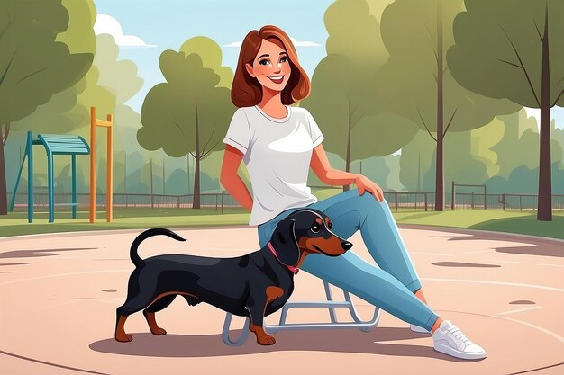 Foto la propietaria demuestra o entrena a su perro en el patio de recreo la cinóloga enseña a un dachshund de raza pura en el parque la mujer alegre con un cachorro posando al aire libre ilustración de dibujos animados de vector plano de mascota entrenada