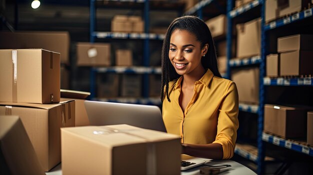 La propietaria de un negocio en línea comprueba el stock de productos en espera de ser entregados a los clientes. Una talentosa propietaria de una PYME.