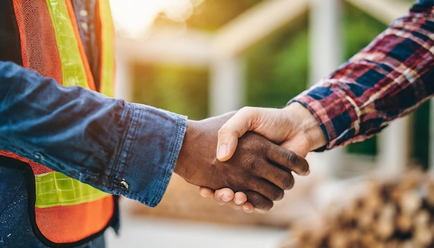 Propietario de casa y contratista estrechando la mano en el sitio de construcción que simboliza la confianza y la asociación en ho