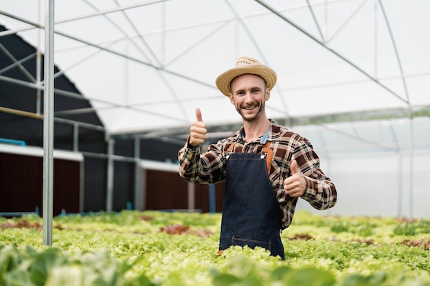 El propietario de la huerta hidropónica está comprobando la calidad de las verduras y comprobando o registrando el crecimiento de las verduras en la huerta Verduras en el invernadero