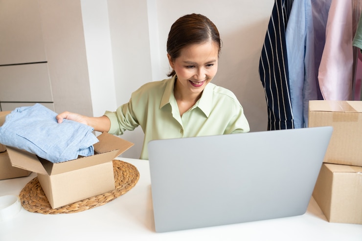 Foto propietario de negocio asiático que trabaja en casa con la caja de embalaje de su tienda en línea se prepara para entregar productos a los clientes, concepto de estilo de vida de generación alfa.