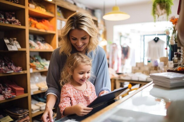 Foto propietario de una pequeña empresa comprobando las existencias en la boutique infantil