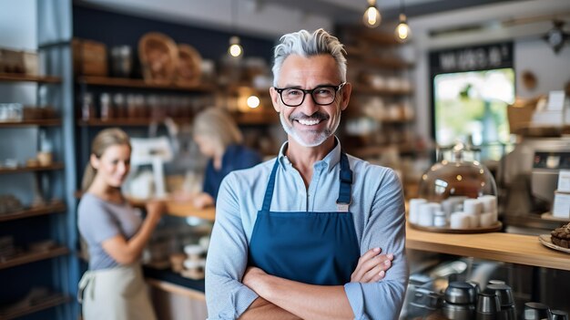 Propietario de una pequeña empresa exitosa de pie con los brazos cruzados con empleados en segundo plano con tecnología de IA generativa