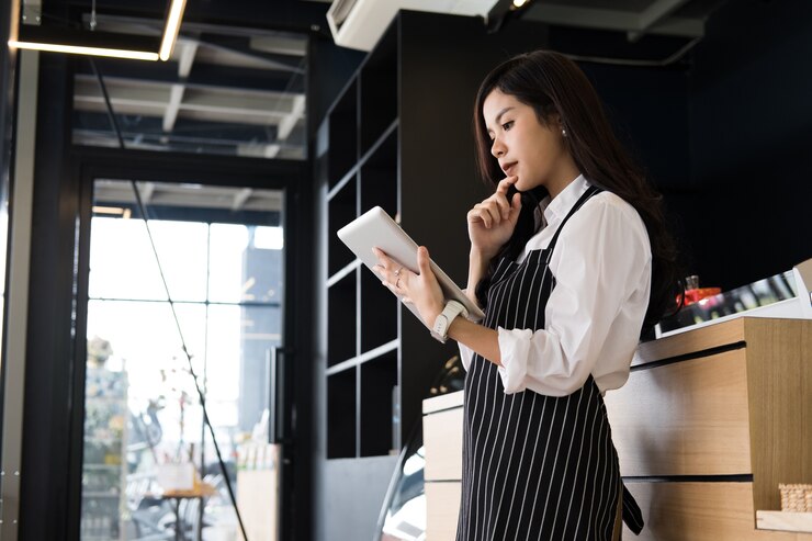 propietario de la pequeña empresa que sostiene la tableta en el mostrador de la cafetería