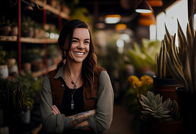 Propietario de una pequeña empresa sonriendo en su tienda de plantas Generate Ai