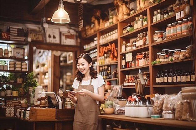 propietario de una tienda alegre usando una tableta digital mientras estaba de pie en su tienda de comestibles mujer exitosa