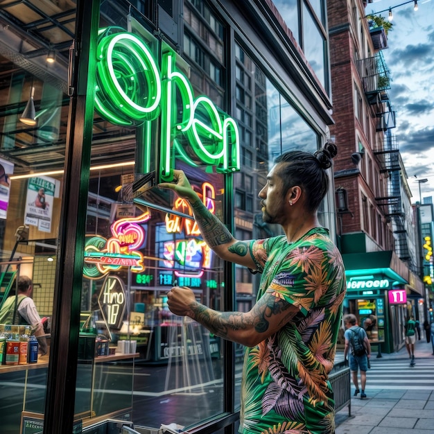 El propietario de la tienda pone el letrero de neón verde frente a la tienda para indicar la apertura