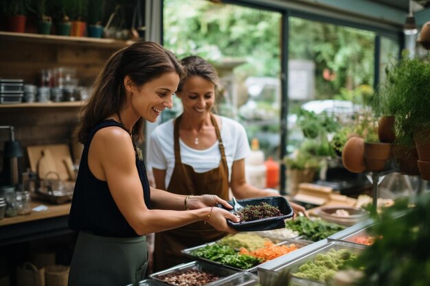 Foto propietario vertiendo comida en la mano del cliente en un almacén sostenible