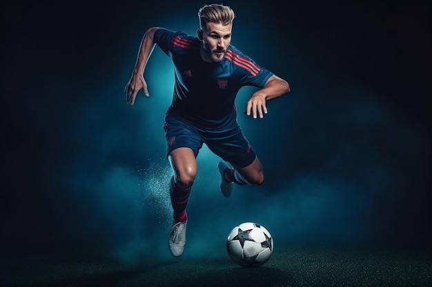 Foto propor um jovem caucasiano jogador de futebol ou futebol em roupas esportivas e botas chutando bola