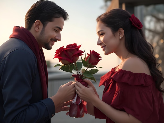Proposta de casamento romântico com rosa vermelha