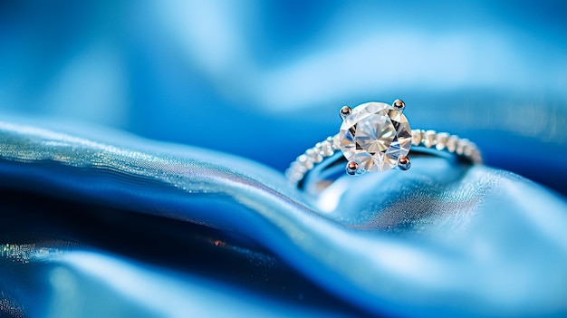 Foto proposta de jóias e presente de férias anel de noivado de diamante em tecido de seda azul símbolo de amor