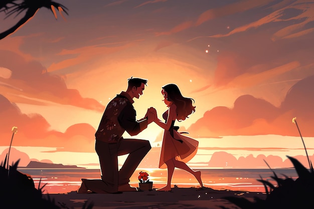 Proposta romântica de desenho animado Cena extravagante de amor e compromisso