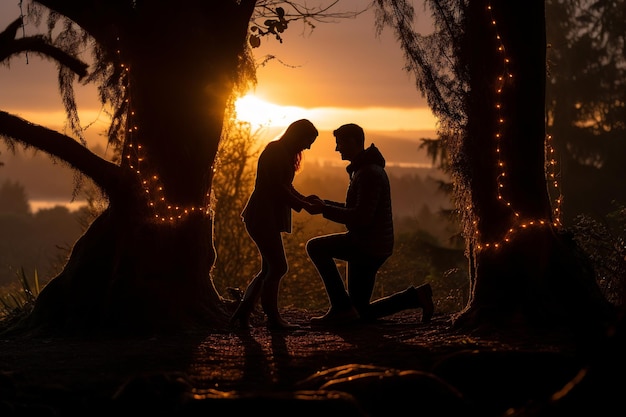 Foto proposta romântica de dia dos namorados com joelho dobrado e anel