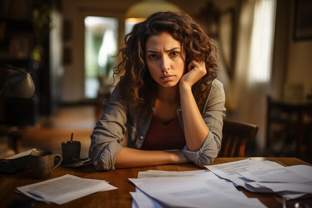 Foto proprietária de uma empresa preocupada e triste a verificar as suas contas e faturas conceito de problema de dívida financeira