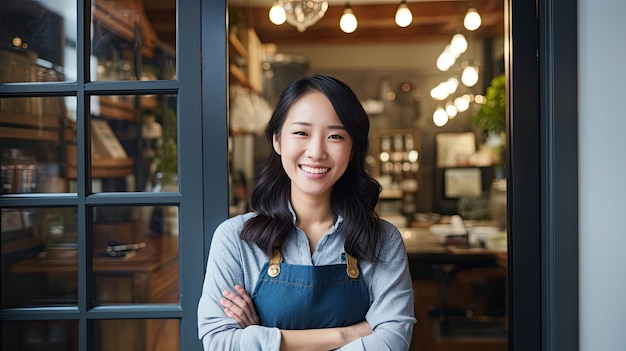 Proprietária de uma pequena empresa asiática sorrindo para a porta da frente com os braços cruzados Generative Ai