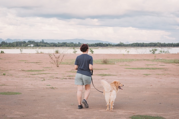 Proprietário andando com o cachorro Golden Retriever juntos