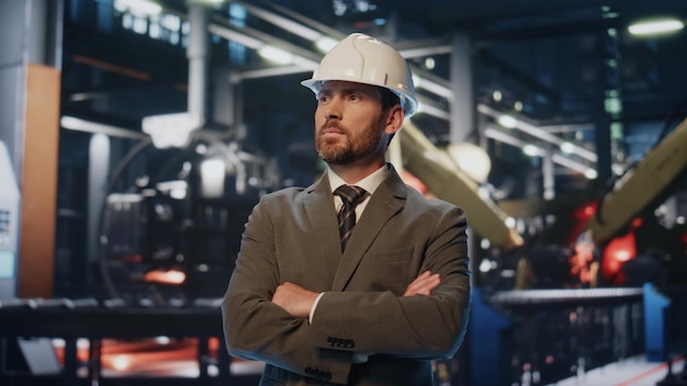 Proprietário de fábrica de sucesso posando em máquinas industriais pesadas modernas de perto