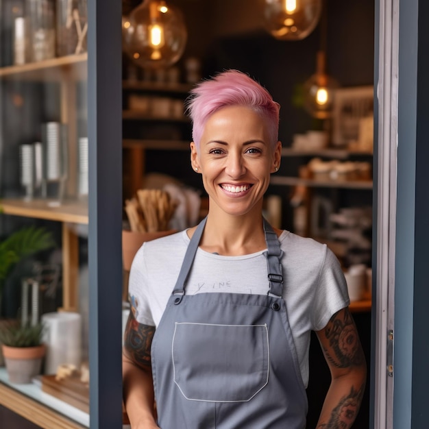 Proprietário de pequena empresa feliz em casual vestindo avental cinza Ilustração AI GenerativexA