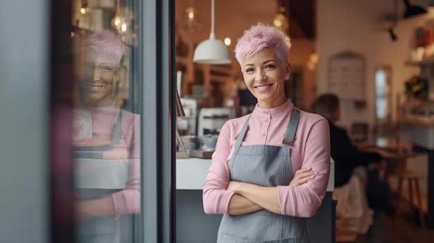 Proprietário de pequena empresa feliz em casual vestindo avental cinza Ilustração AI GenerativexA