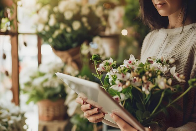 Proprietário de pequena empresa usa tablet digital para gerenciar uma florista bem-sucedida Conceito Pequena Empresa Tablet Digital Gestão de Florista Sucesso