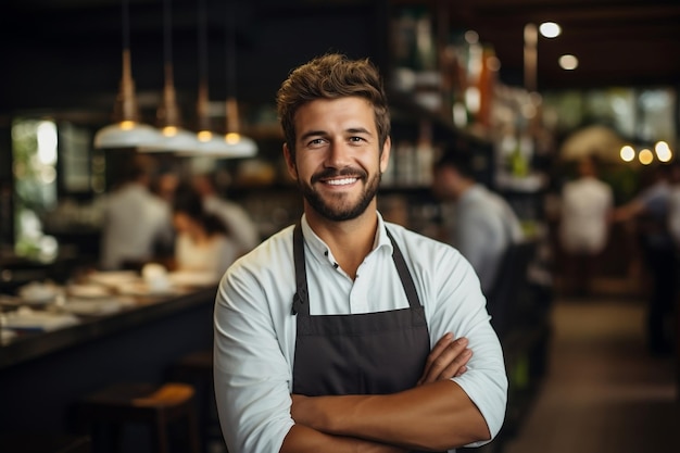 Proprietário de um restaurante posando para uma câmera de IA generativa