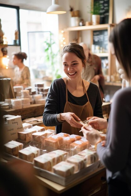 Foto proprietário de uma empresa feliz a ajudar os clientes a comprar sabão feito à mão