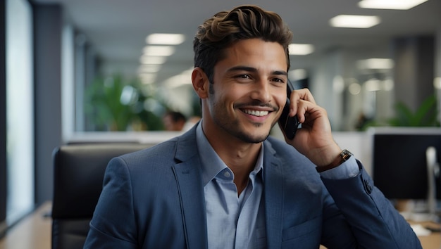 Foto proprietário de uma empresa sorridente falando em um telefone inteligente na loja