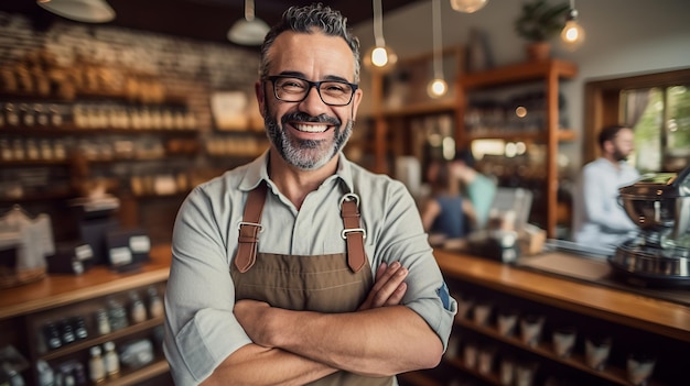 Foto proprietário de uma pequena empresa de sucesso de pé com os braços cruzados com o seu café de moda em segundo plano tratado com tecnologia de ia generativa