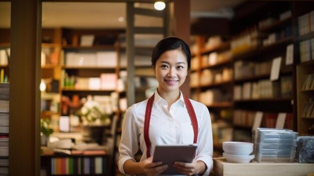 proprietário de uma pequena empresa em kimono usando um tablet digital na livraria