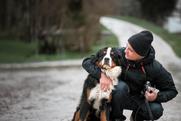 Proprietário feliz e jovem filhote de Bernese Brincalhão adorável Bernese Mountain Dog e um retrato de homem nos Alpes suíços