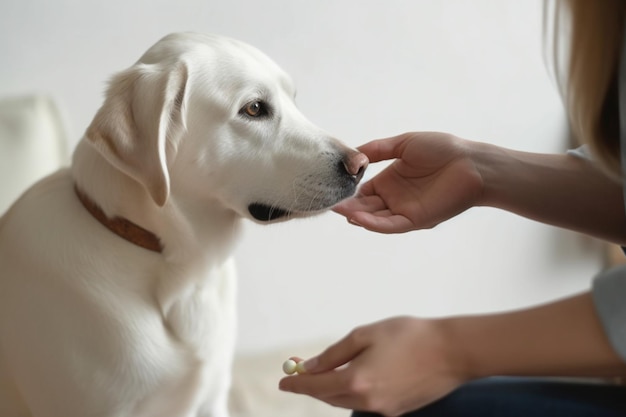 Proprietário irreconhecível dando remédio em uma pílula para seu cachorro doente